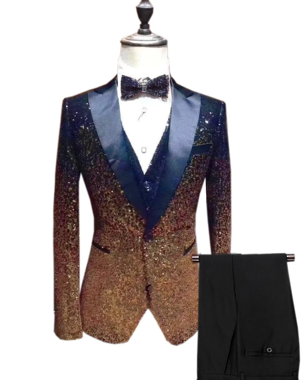Men's Shiny Sequins 3 Piece Suit Blazer One Button Wedding Prom Tuxedo (Blazer   Vest   Pants)
