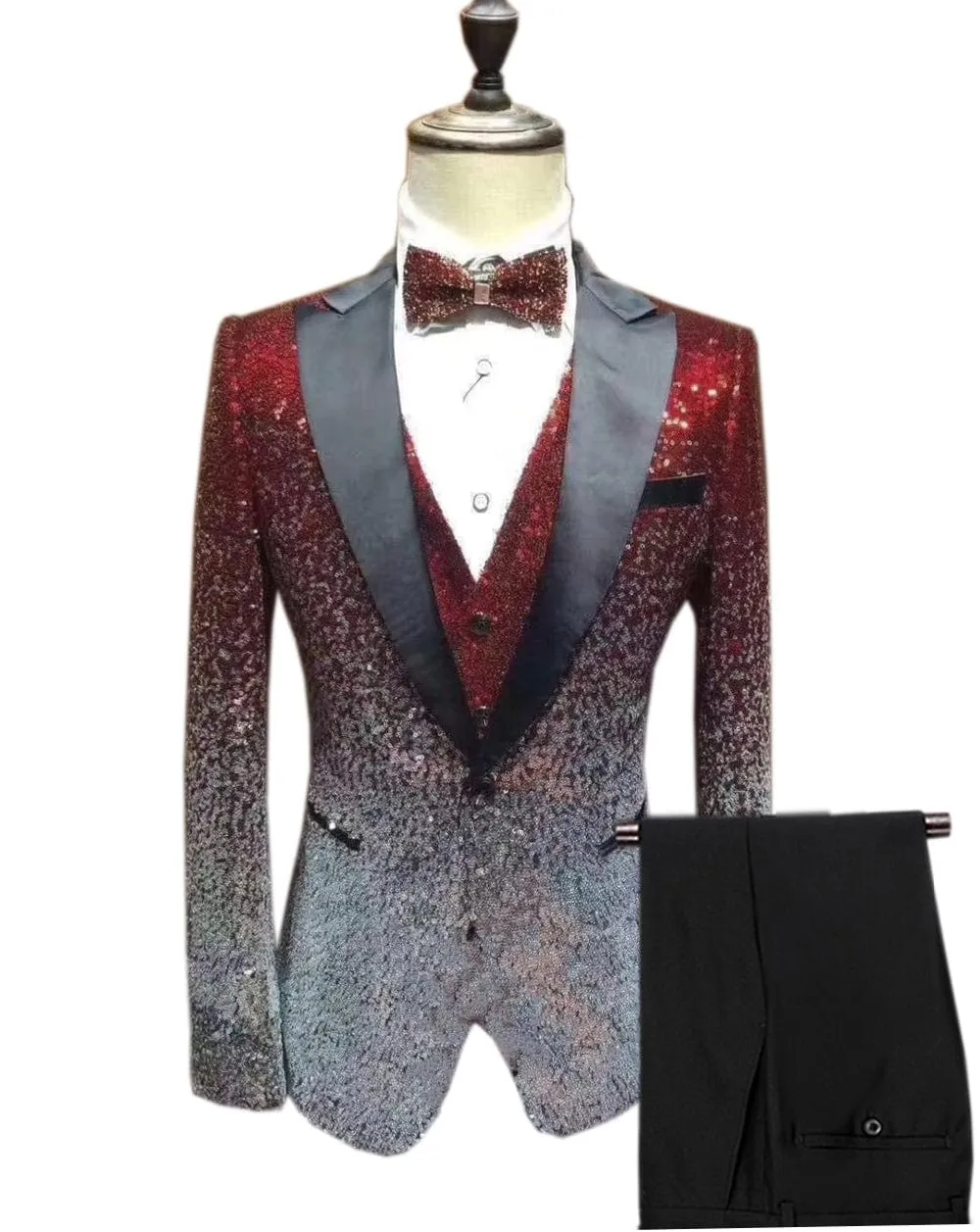 Men's Shiny Sequins 3 Piece Suit Blazer One Button Wedding Prom Tuxedo (Blazer   Vest   Pants)