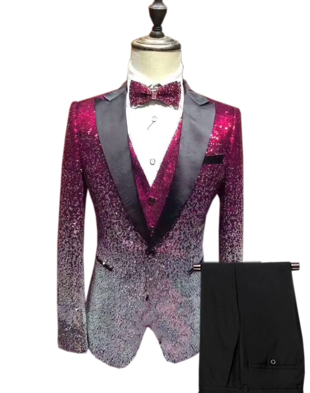 Men's Shiny Sequins 3 Piece Suit Blazer One Button Wedding Prom Tuxedo (Blazer   Vest   Pants)