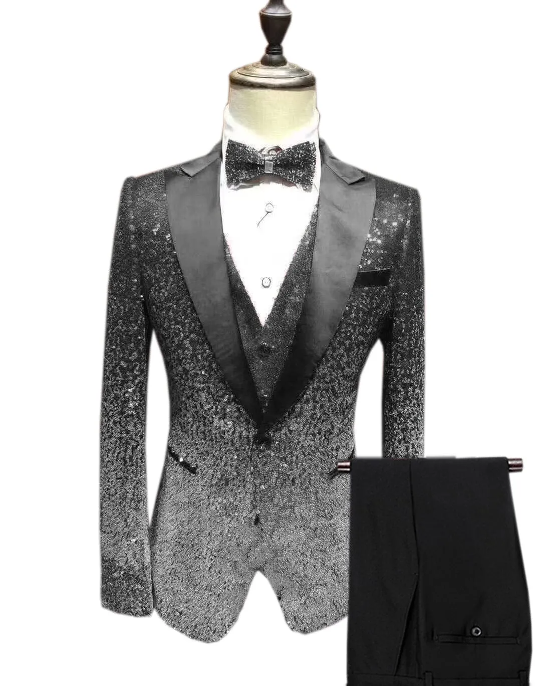 Men's Shiny Sequins 3 Piece Suit Blazer One Button Wedding Prom Tuxedo (Blazer   Vest   Pants)