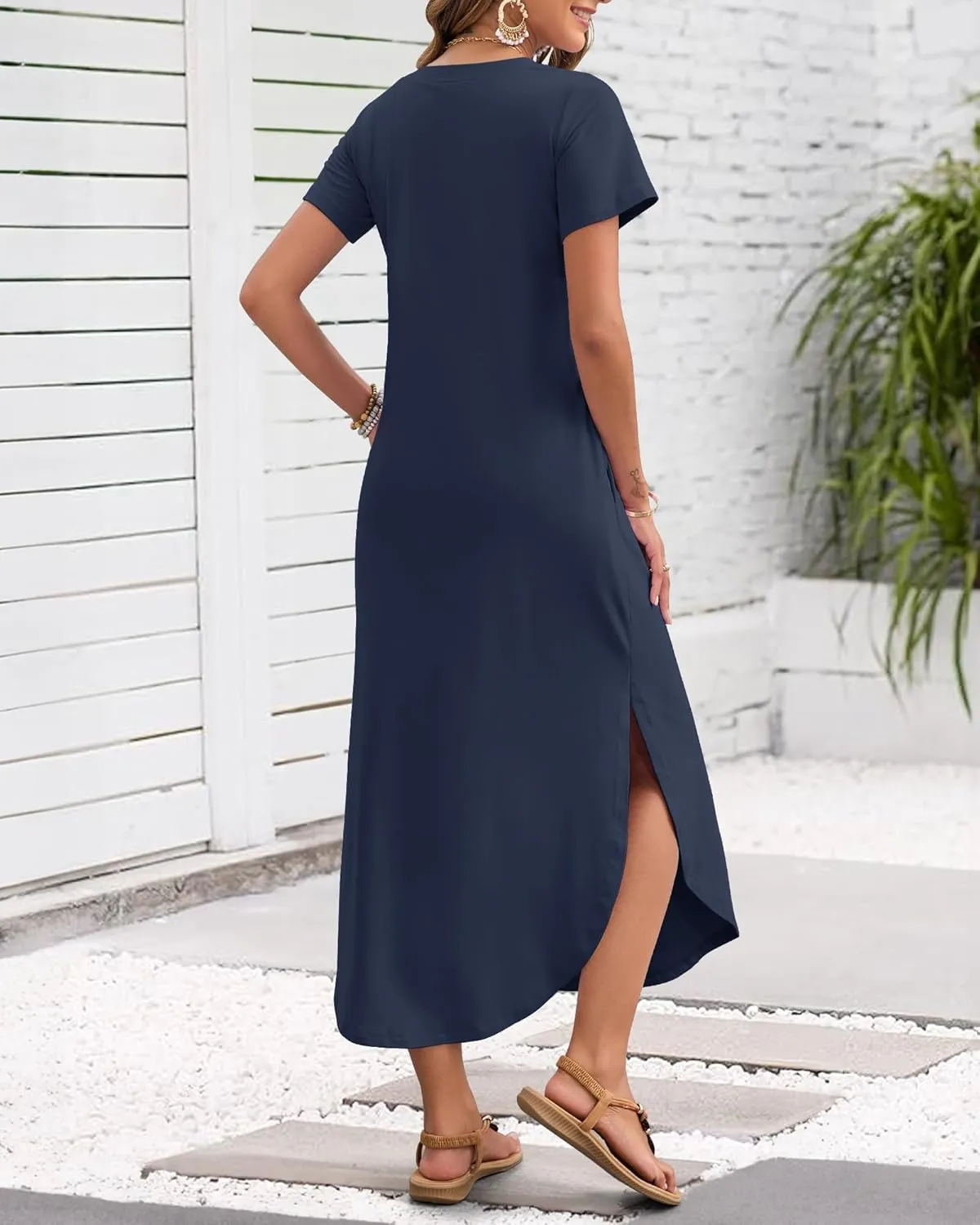 MISFAY Women's Summer Casual Maxi Dress 2025 Short Sleeves V Neck Loose Sundress Split Long Beach Shirt Dress Vacation Outfit