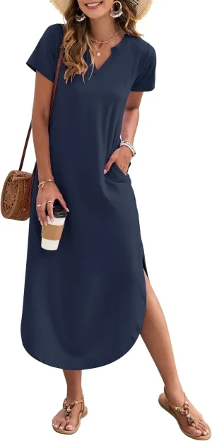MISFAY Women's Summer Casual Maxi Dress 2025 Short Sleeves V Neck Loose Sundress Split Long Beach Shirt Dress Vacation Outfit