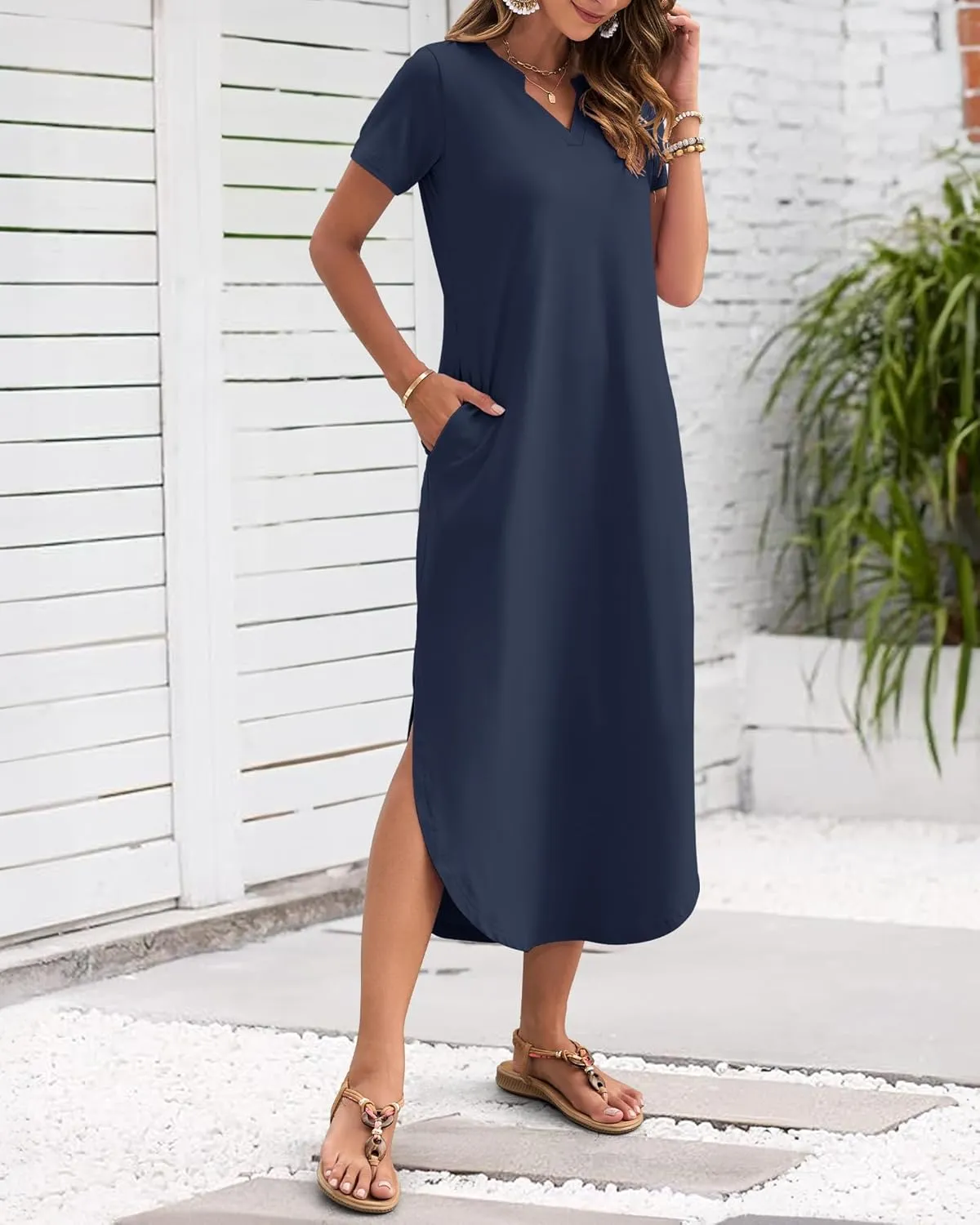 MISFAY Women's Summer Casual Maxi Dress 2025 Short Sleeves V Neck Loose Sundress Split Long Beach Shirt Dress Vacation Outfit