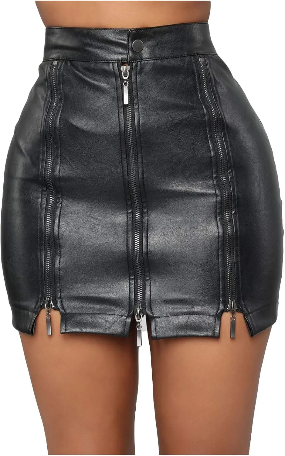 NaRHbrg Faux Leather Bodycon Slim Mini Pencil Skirt for Women Zip High-Waist Skirts Ladies Solid Button Short Skirts