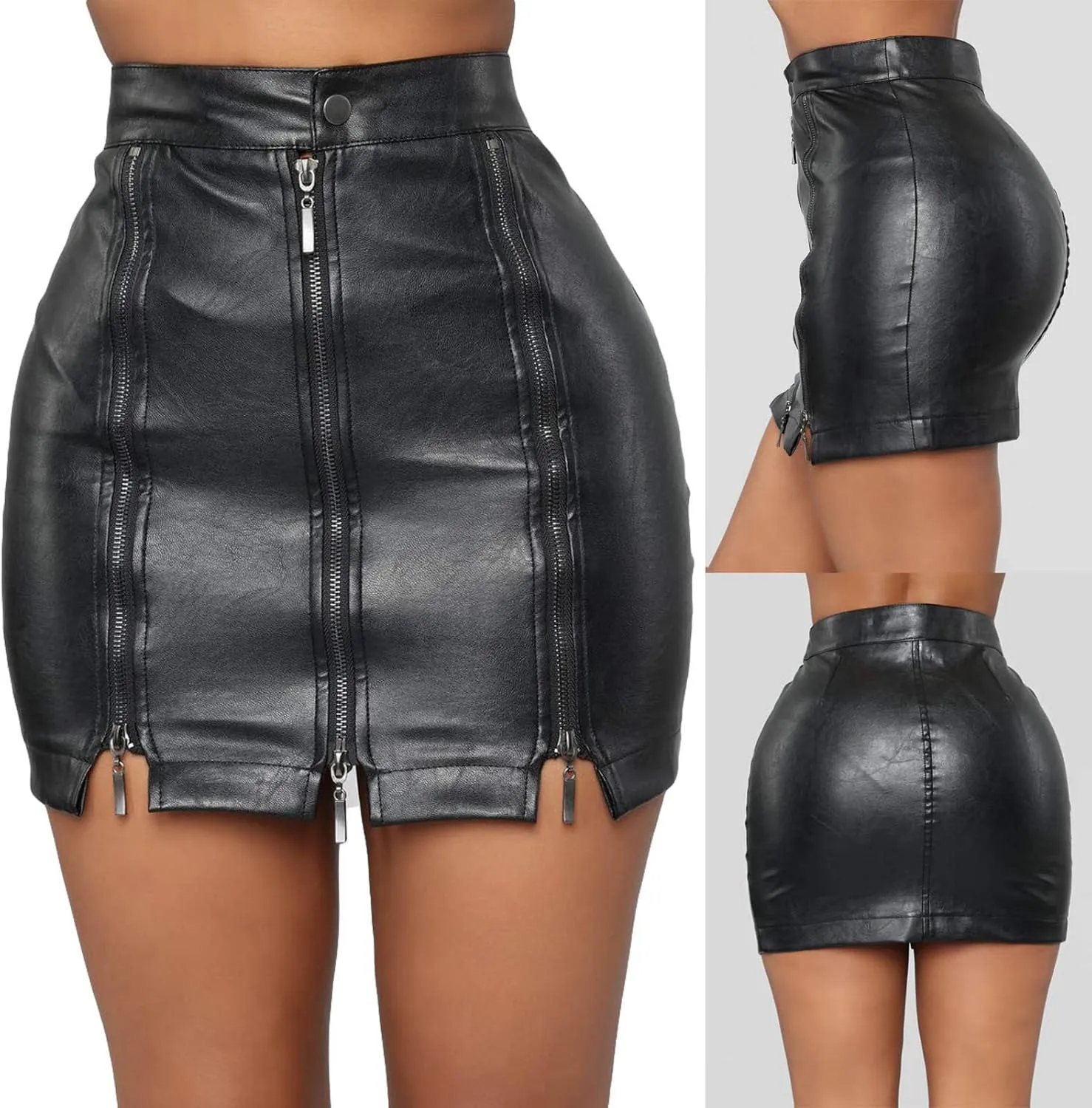 NaRHbrg Faux Leather Bodycon Slim Mini Pencil Skirt for Women Zip High-Waist Skirts Ladies Solid Button Short Skirts