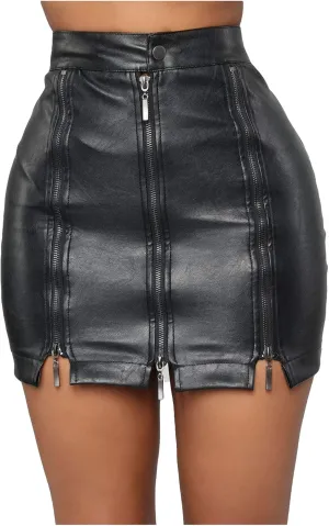 NaRHbrg Faux Leather Bodycon Slim Mini Pencil Skirt for Women Zip High-Waist Skirts Ladies Solid Button Short Skirts