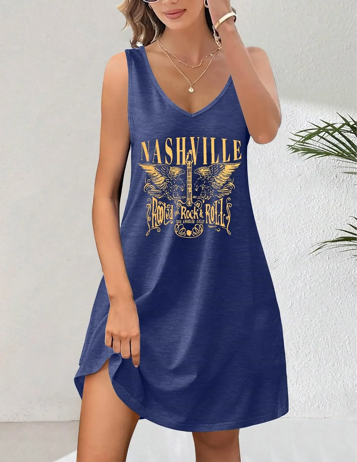 Nashville Music City Dress Women Country Music Dress Vintage Guitar Graphic Tee Dress Casual V Neck Sleeveless Sundress