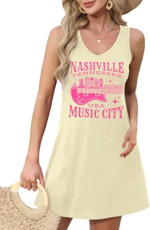 Nashville Music City Dress Women Country Music Dress Vintage Guitar Graphic Tee Dress Casual V Neck Sleeveless Sundress