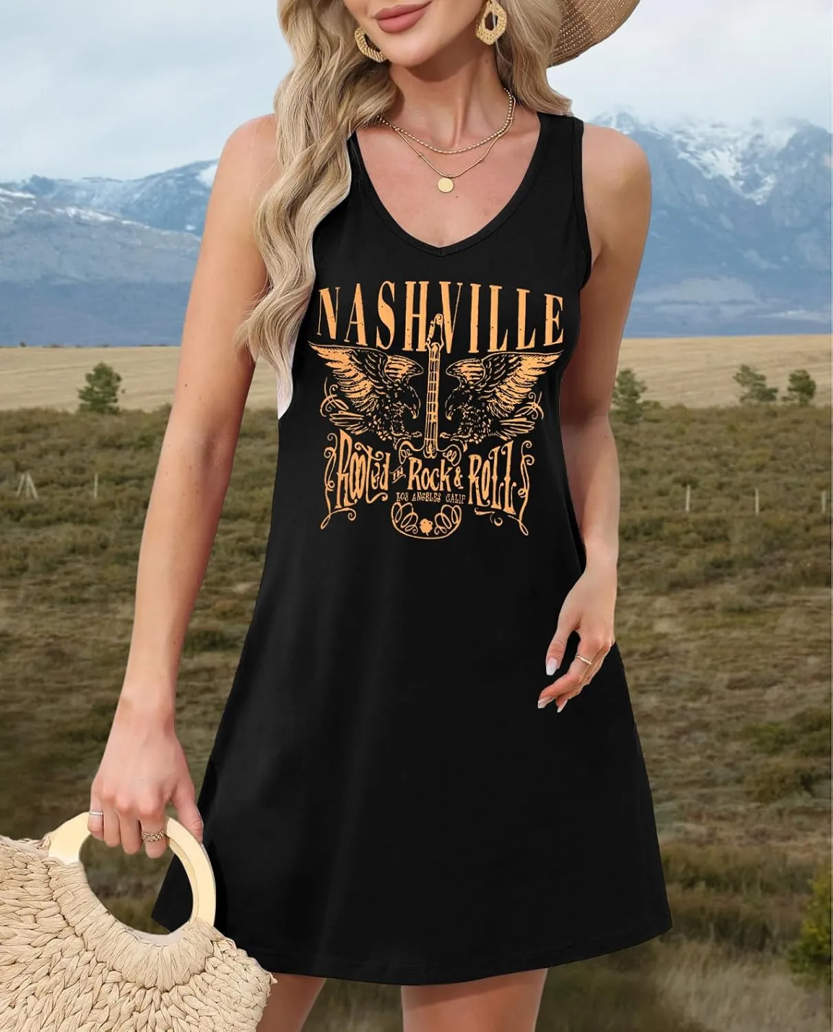 Nashville Music City Dress Women Country Music Dress Vintage Guitar Graphic Tee Dress Casual V Neck Sleeveless Sundress