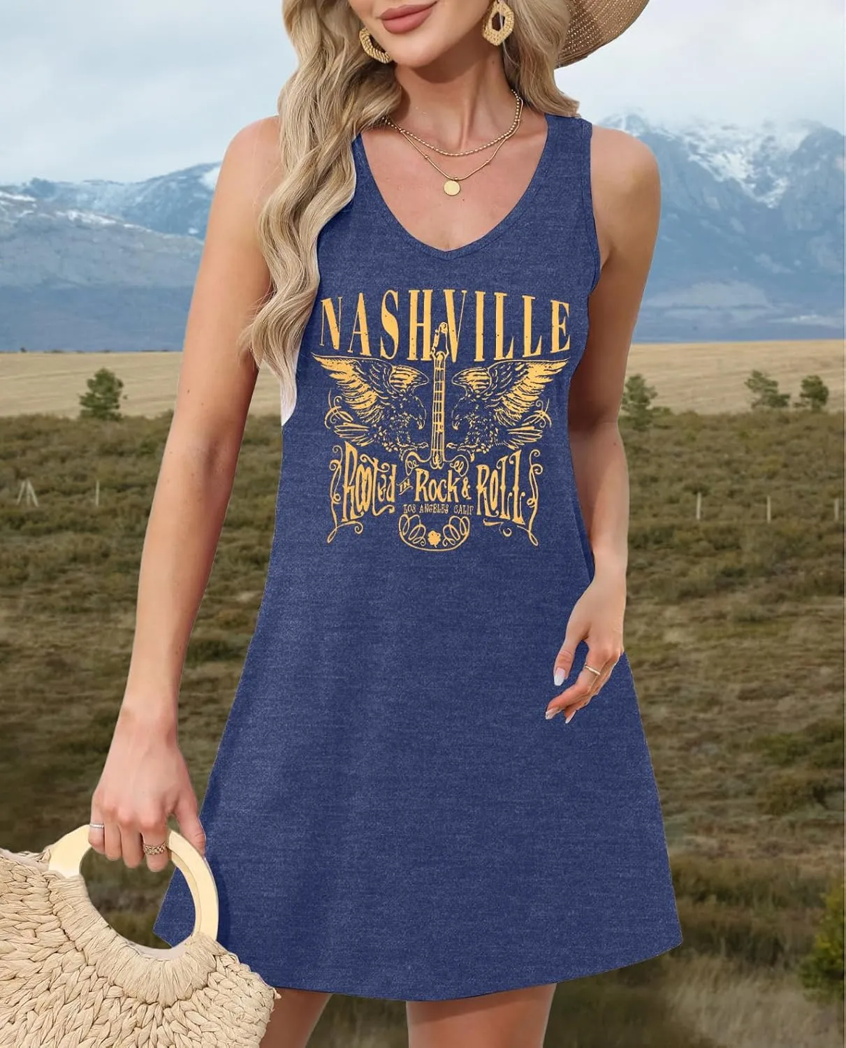 Nashville Music City Dress Women Country Music Dress Vintage Guitar Graphic Tee Dress Casual V Neck Sleeveless Sundress