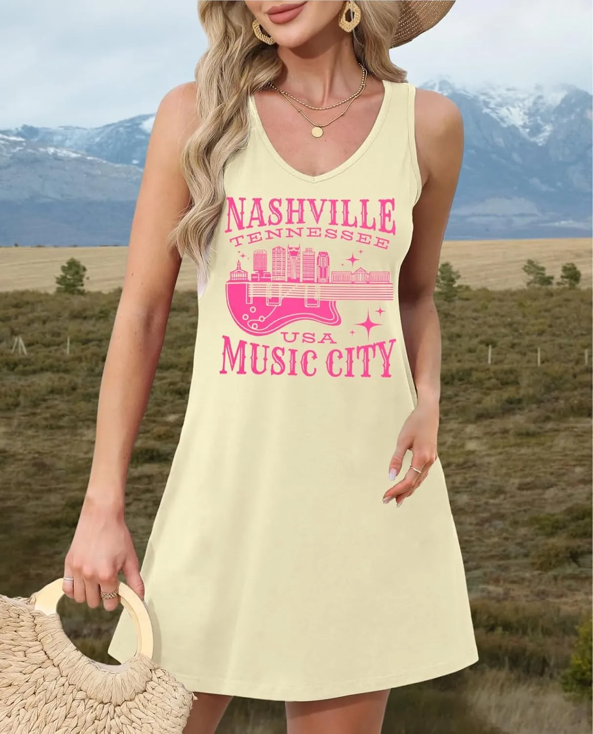 Nashville Music City Dress Women Country Music Dress Vintage Guitar Graphic Tee Dress Casual V Neck Sleeveless Sundress