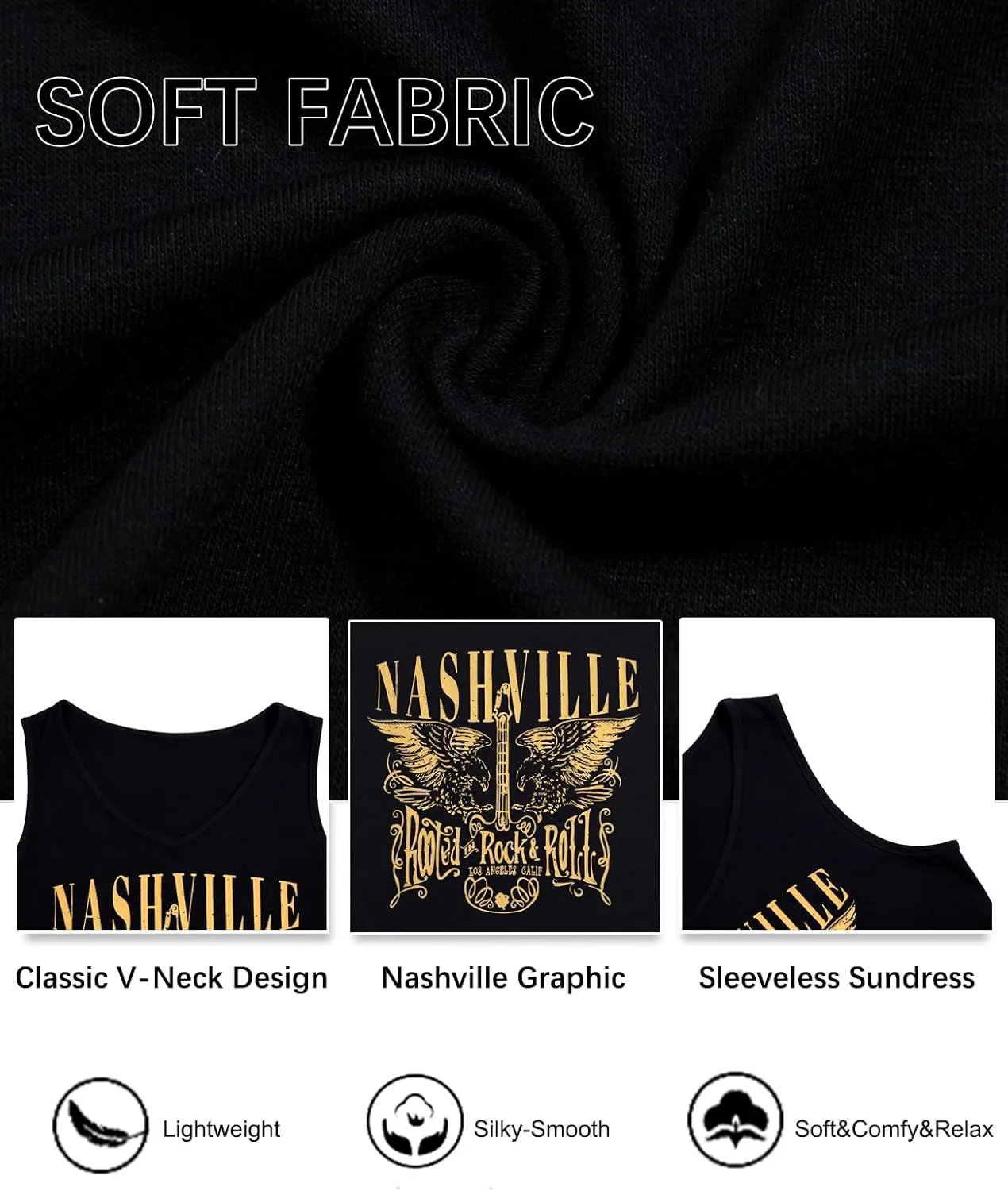 Nashville Music City Dress Women Country Music Dress Vintage Guitar Graphic Tee Dress Casual V Neck Sleeveless Sundress