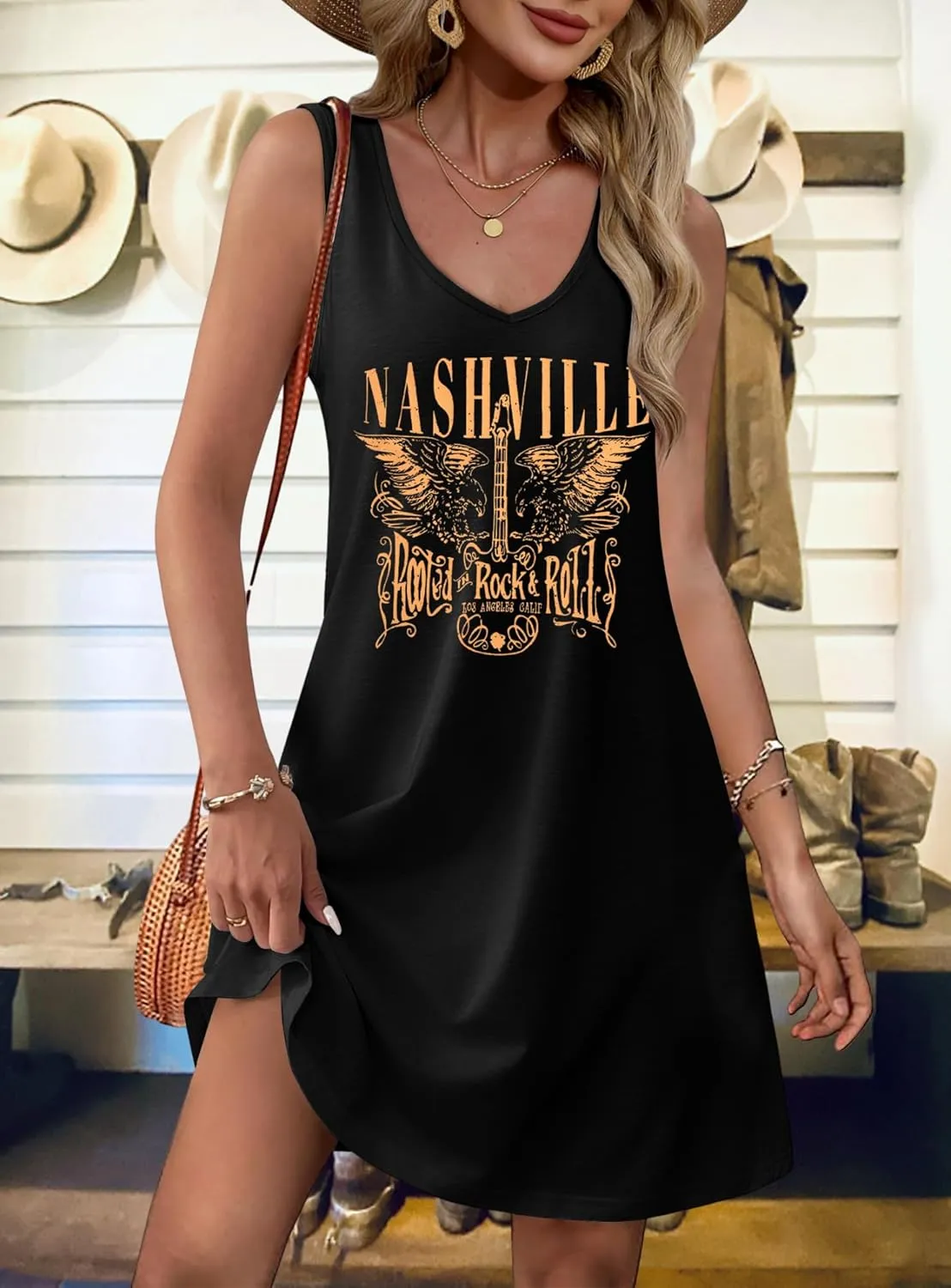 Nashville Music City Dress Women Country Music Dress Vintage Guitar Graphic Tee Dress Casual V Neck Sleeveless Sundress