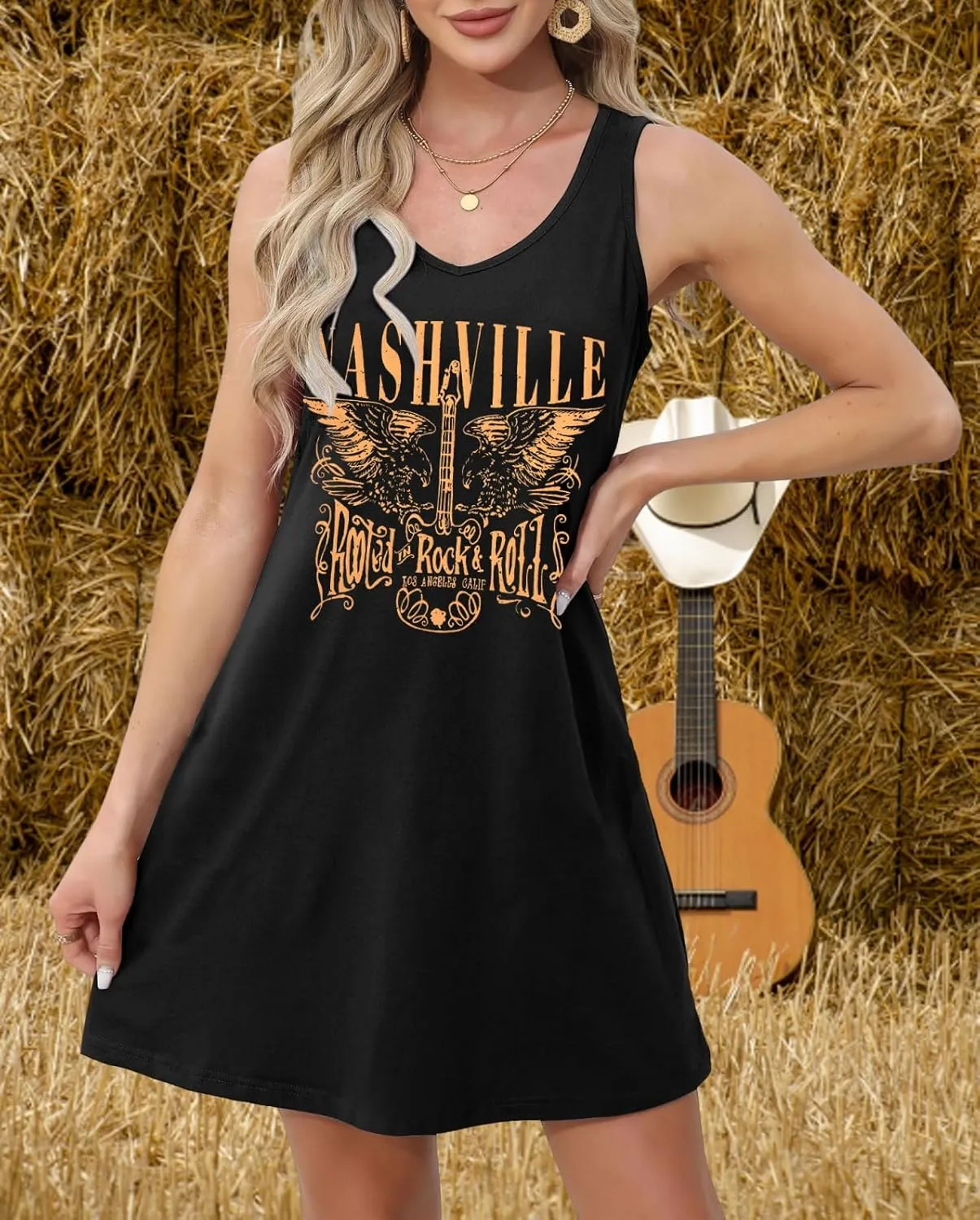 Nashville Music City Dress Women Country Music Dress Vintage Guitar Graphic Tee Dress Casual V Neck Sleeveless Sundress