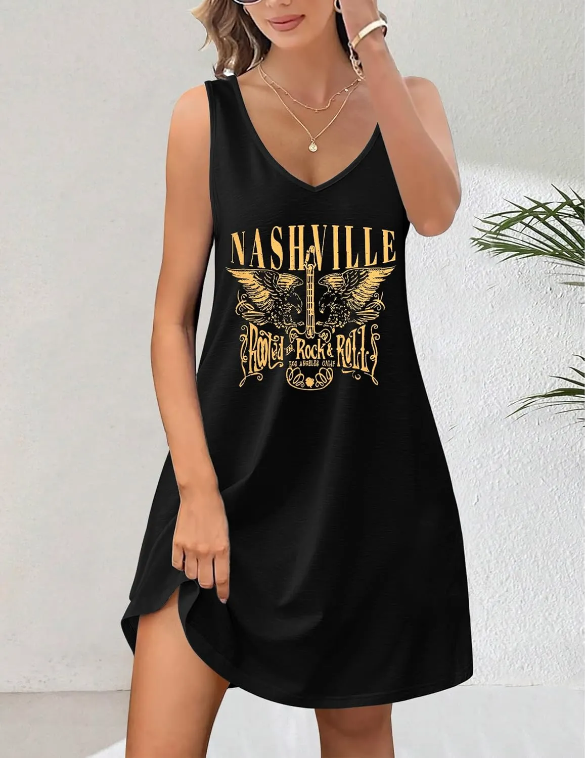 Nashville Music City Dress Women Country Music Dress Vintage Guitar Graphic Tee Dress Casual V Neck Sleeveless Sundress