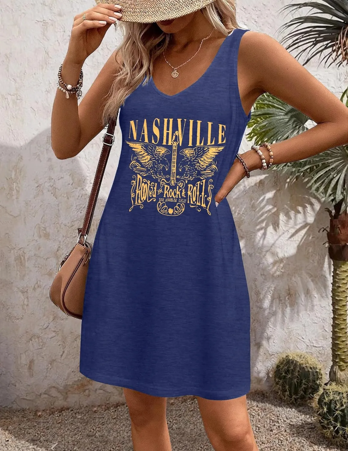 Nashville Music City Dress Women Country Music Dress Vintage Guitar Graphic Tee Dress Casual V Neck Sleeveless Sundress