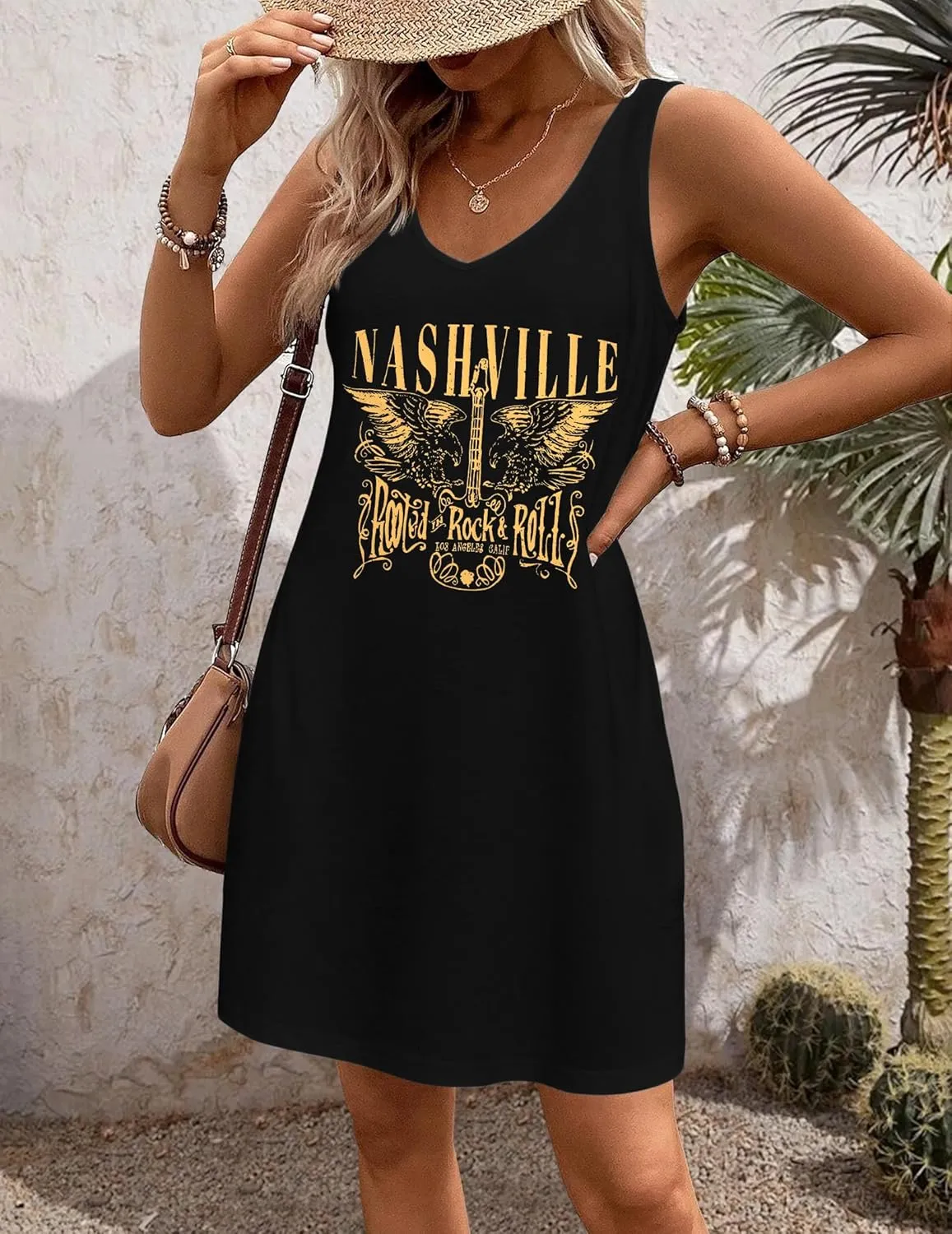Nashville Music City Dress Women Country Music Dress Vintage Guitar Graphic Tee Dress Casual V Neck Sleeveless Sundress