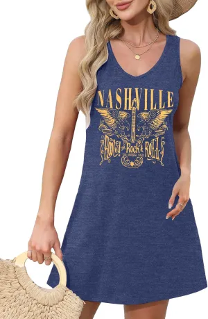 Nashville Music City Dress Women Country Music Dress Vintage Guitar Graphic Tee Dress Casual V Neck Sleeveless Sundress