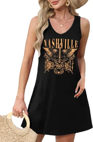 Nashville Music City Dress Women Country Music Dress Vintage Guitar Graphic Tee Dress Casual V Neck Sleeveless Sundress