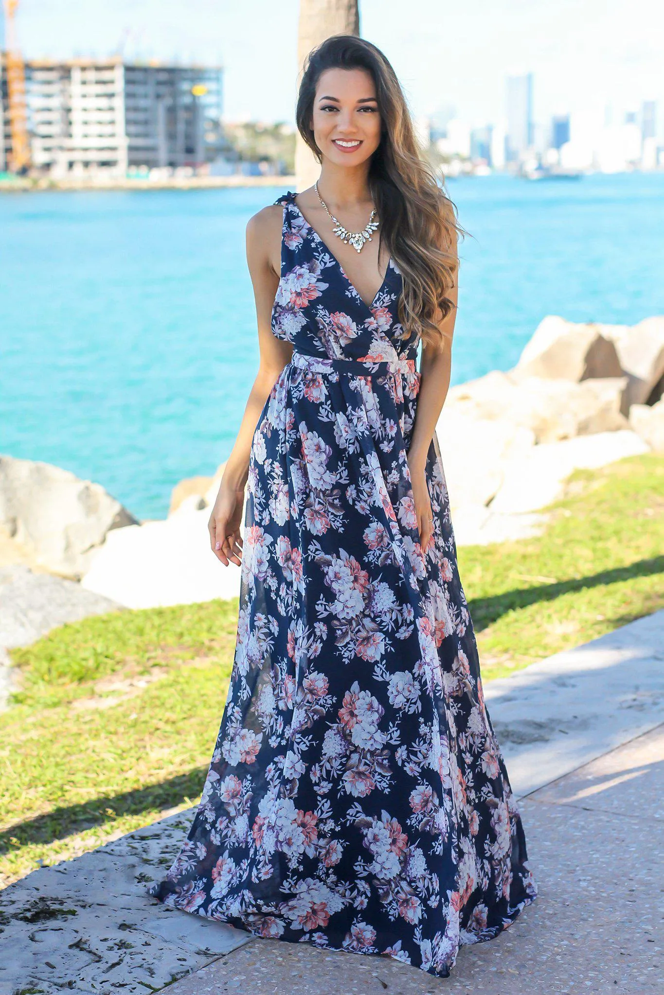 Navy Floral V-Neck Sleeveless Maxi Dress