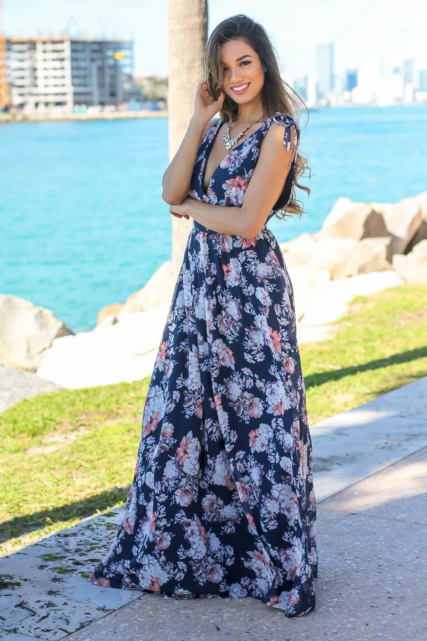 Navy Floral V-Neck Sleeveless Maxi Dress