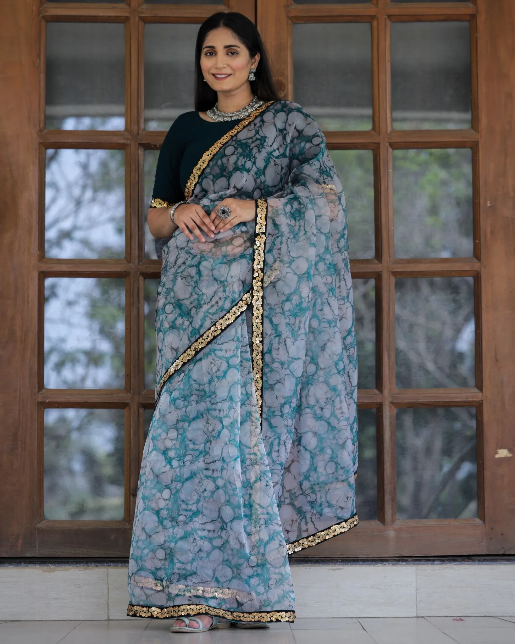 Off-white with Grey Lace Work Flower Print Organza Saree