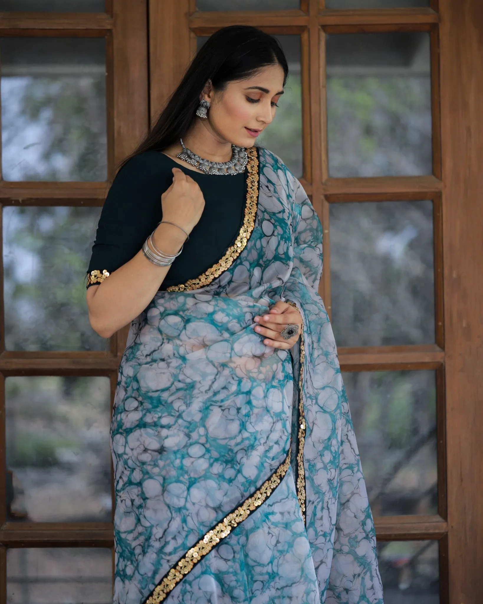 Off-white with Grey Lace Work Flower Print Organza Saree