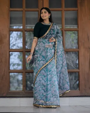 Off-white with Grey Lace Work Flower Print Organza Saree