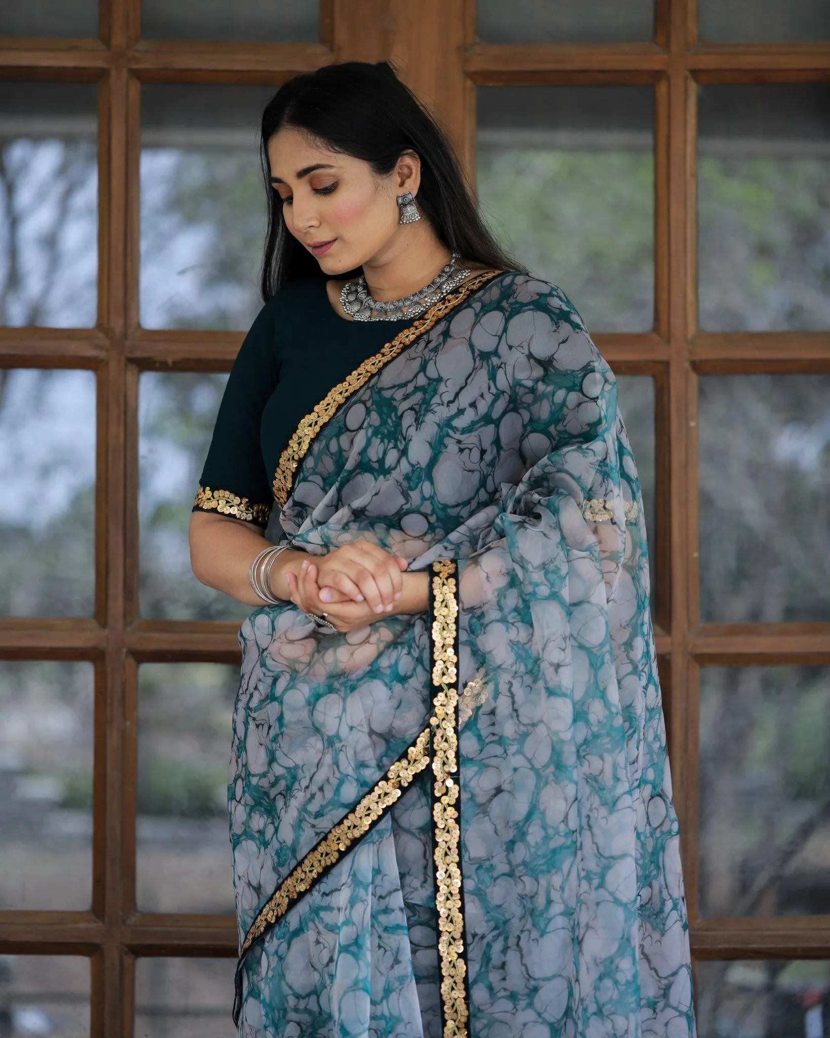 Off-white with Grey Lace Work Flower Print Organza Saree