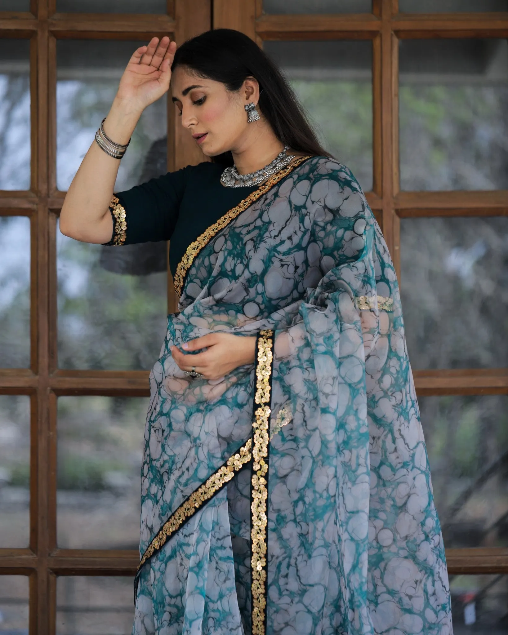 Off-white with Grey Lace Work Flower Print Organza Saree