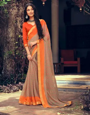 Orange Chiffon Printed Fancy Lace Border Saree for Women