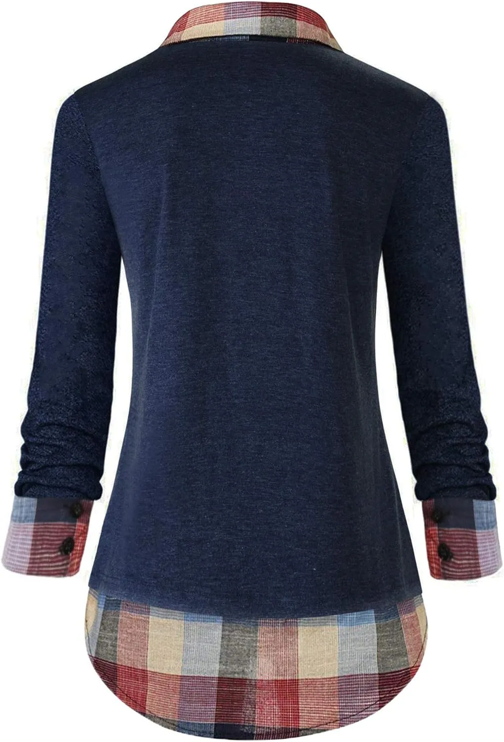 Oyamiki Women's Casual Collared Curved Hem 2 in 1 Pullover Tops Plaid Contrast Shirt Blouse