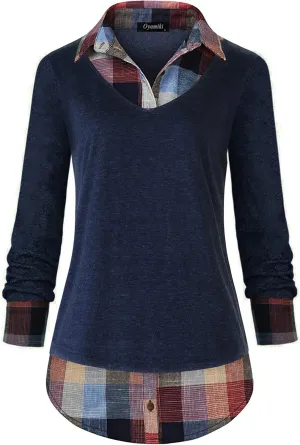 Oyamiki Women's Casual Collared Curved Hem 2 in 1 Pullover Tops Plaid Contrast Shirt Blouse