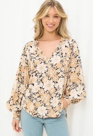 Panama Black and Beige Floral Blouse