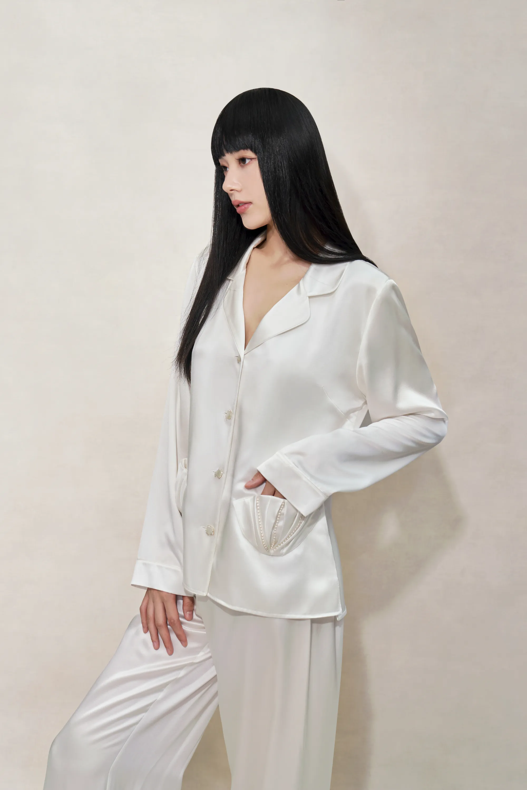 Pearl White Shell Silk Pyjamas Set