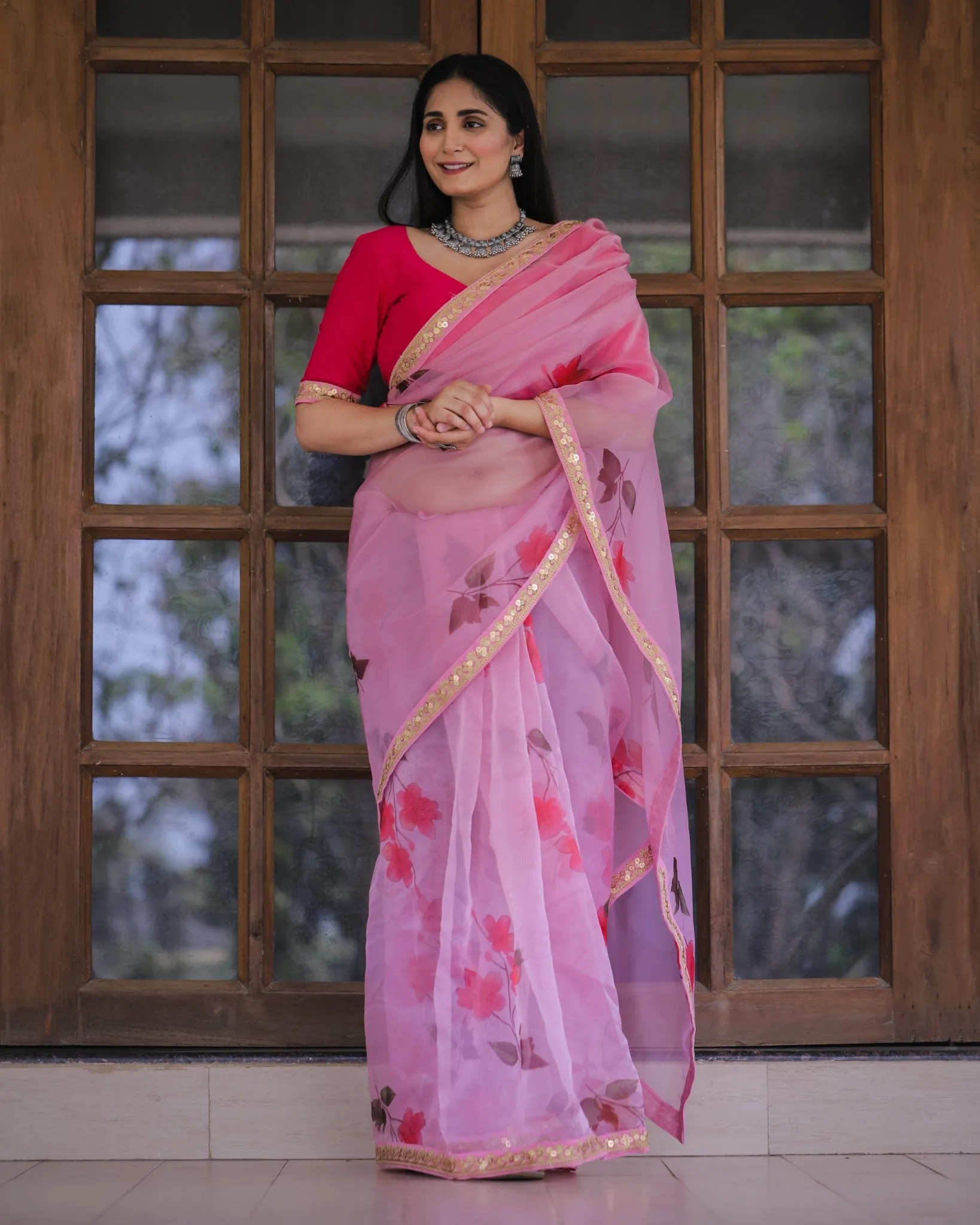 Pink Color Lace Work Flower Print Organza Saree