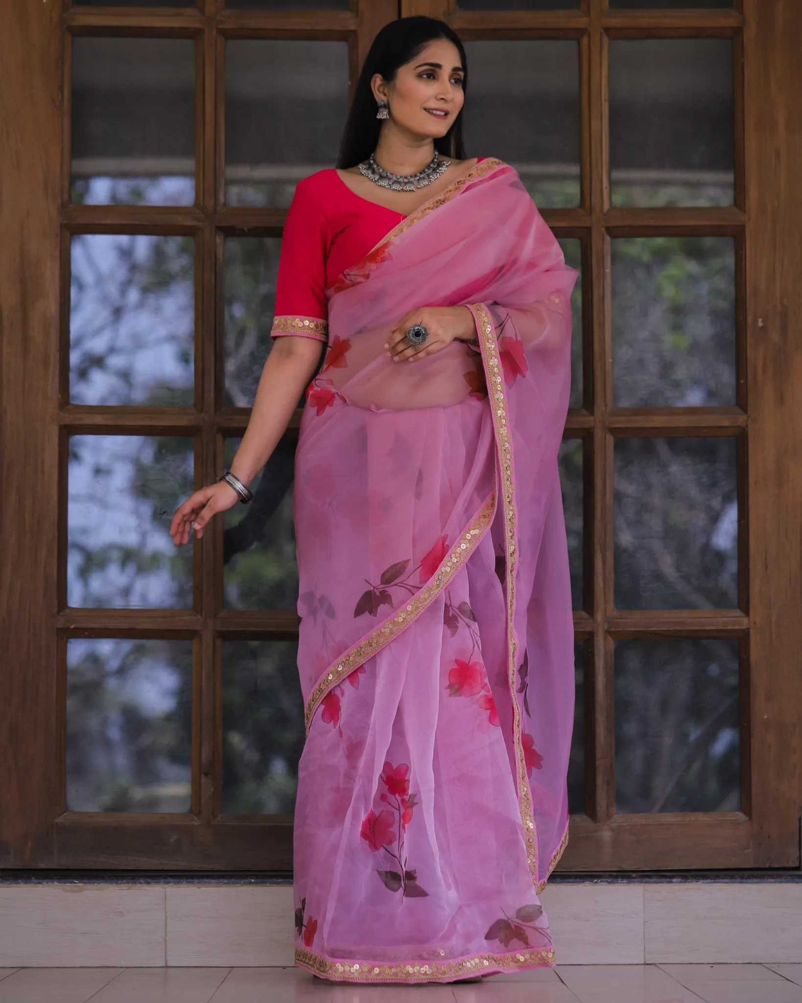 Pink Color Lace Work Flower Print Organza Saree
