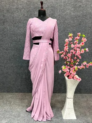 Pink Faux Georgette Border Lace Work Saree With Stitched Blouse