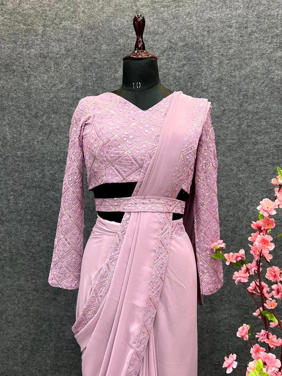Pink Faux Georgette Border Lace Work Saree With Stitched Blouse