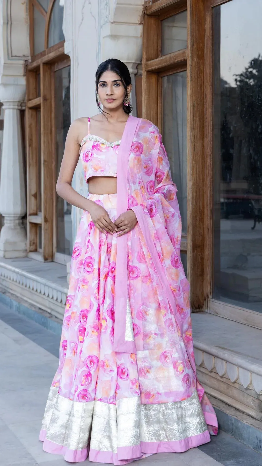 Pink Muslin Printed Lehenga Set with Chiffon Dupatta