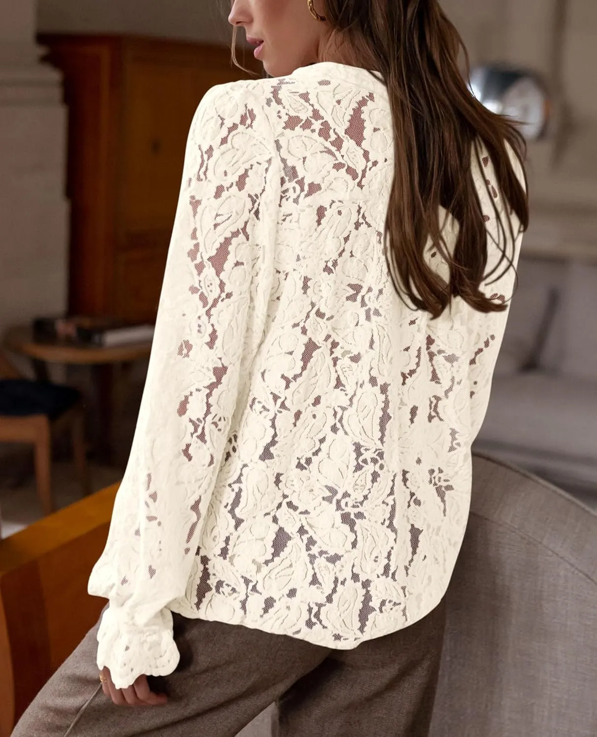 PRETTYGARDEN Women's Dressy Casual Lace Blouse Long Sleeve Button Up Shirts Tops Spring Fall Fashion Clothes
