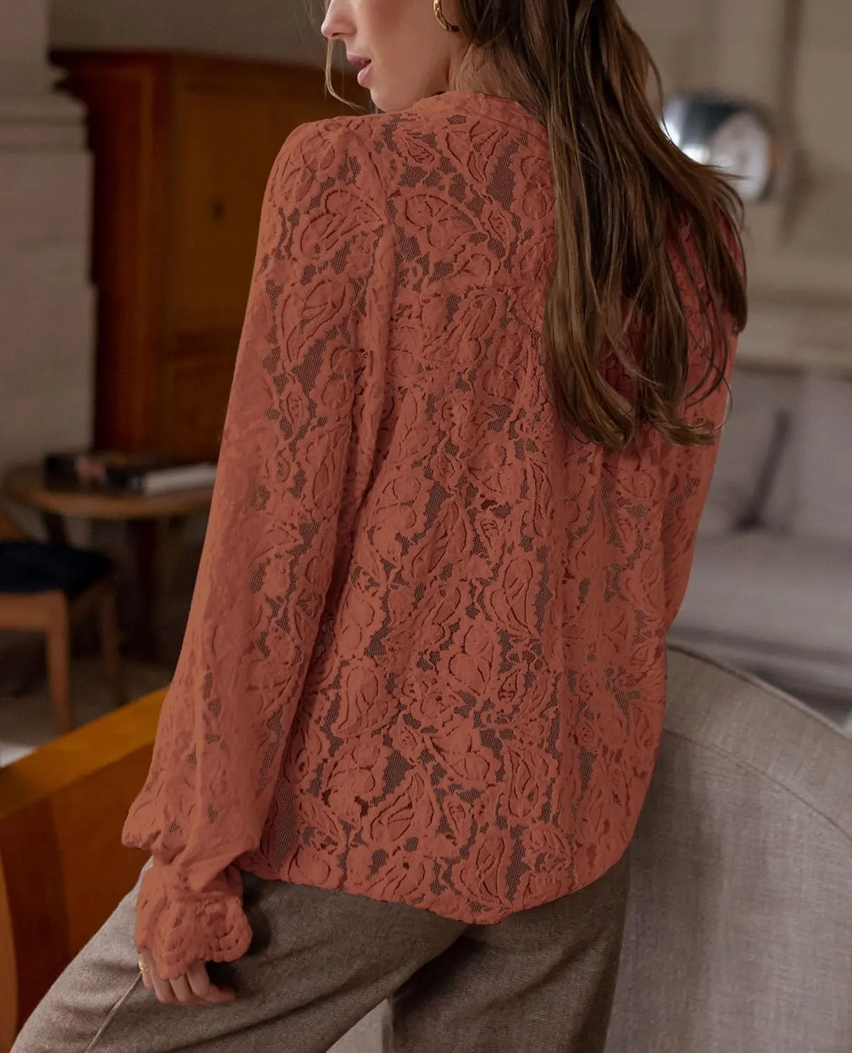 PRETTYGARDEN Women's Dressy Casual Lace Blouse Long Sleeve Button Up Shirts Tops Spring Fall Fashion Clothes