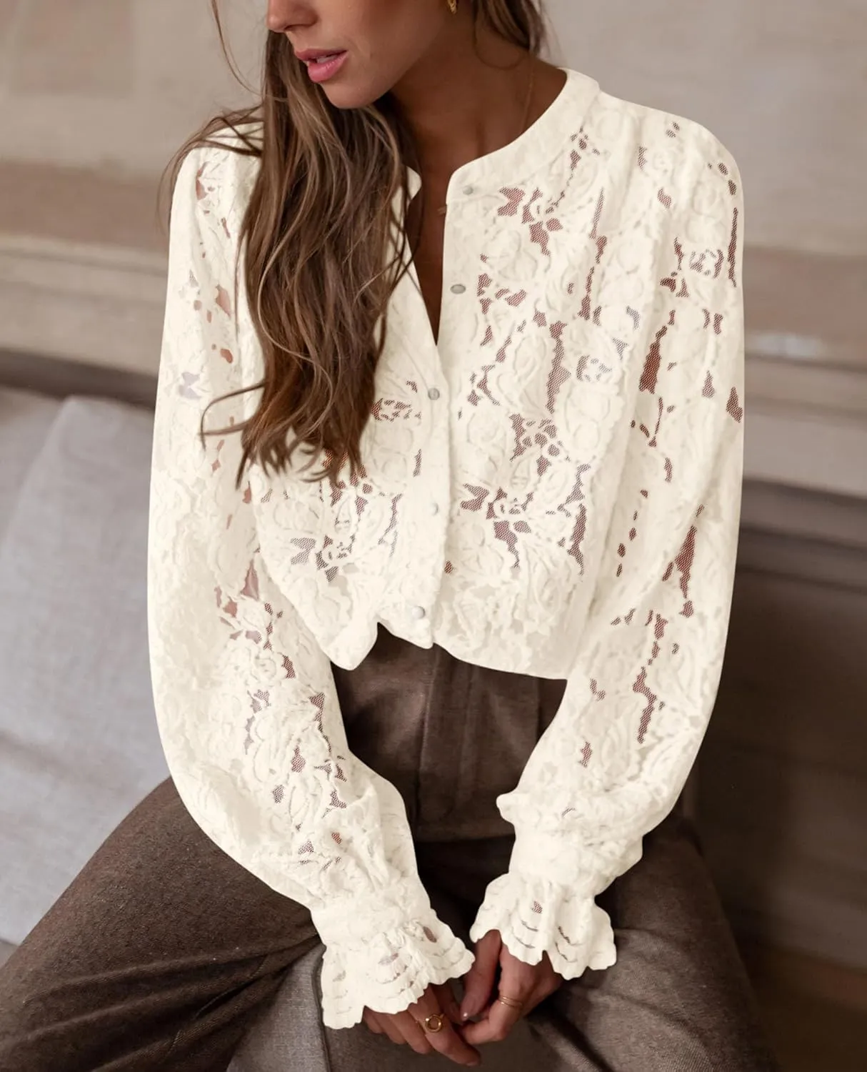 PRETTYGARDEN Women's Dressy Casual Lace Blouse Long Sleeve Button Up Shirts Tops Spring Fall Fashion Clothes