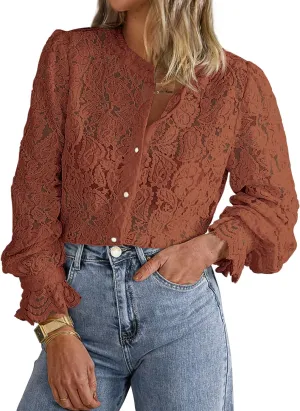 PRETTYGARDEN Women's Dressy Casual Lace Blouse Long Sleeve Button Up Shirts Tops Spring Fall Fashion Clothes