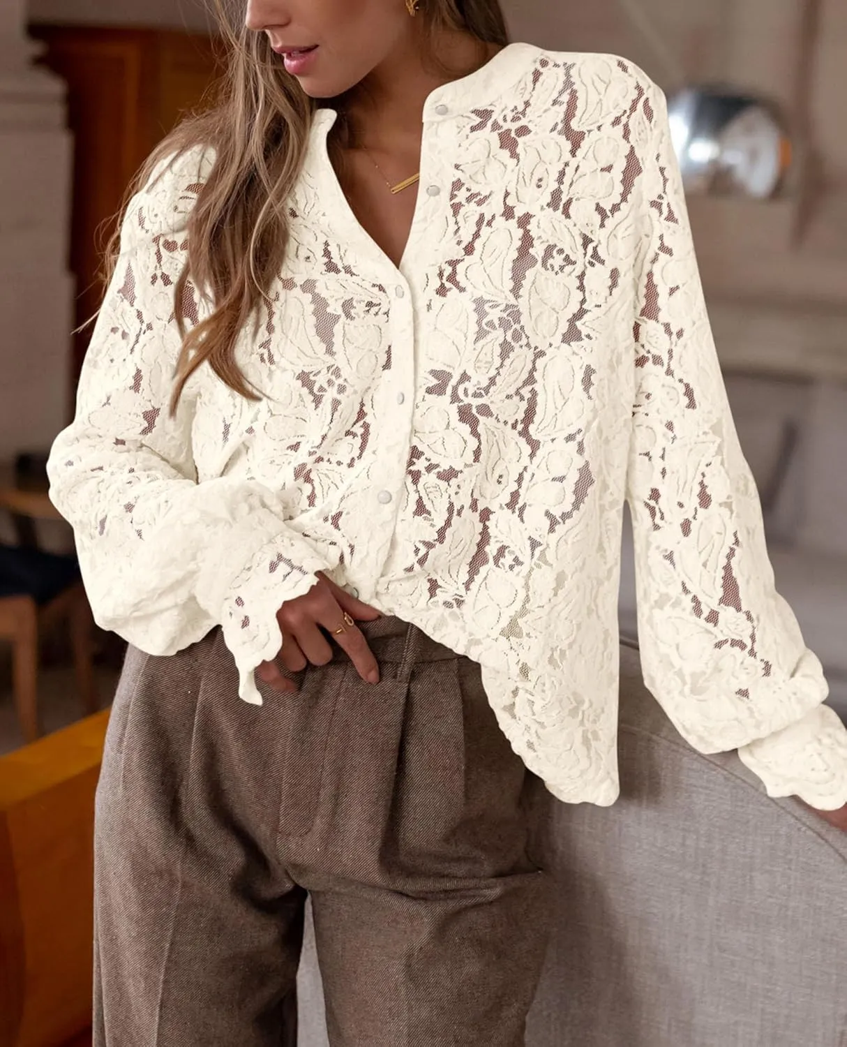 PRETTYGARDEN Women's Dressy Casual Lace Blouse Long Sleeve Button Up Shirts Tops Spring Fall Fashion Clothes