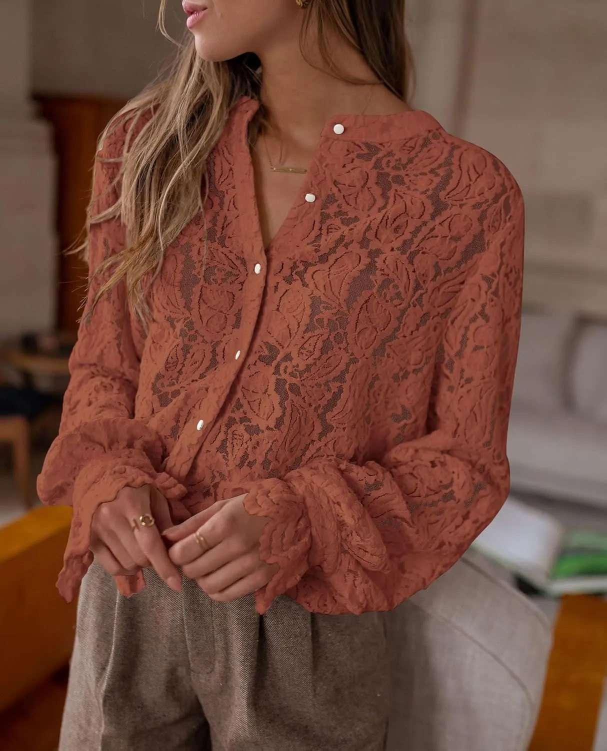 PRETTYGARDEN Women's Dressy Casual Lace Blouse Long Sleeve Button Up Shirts Tops Spring Fall Fashion Clothes