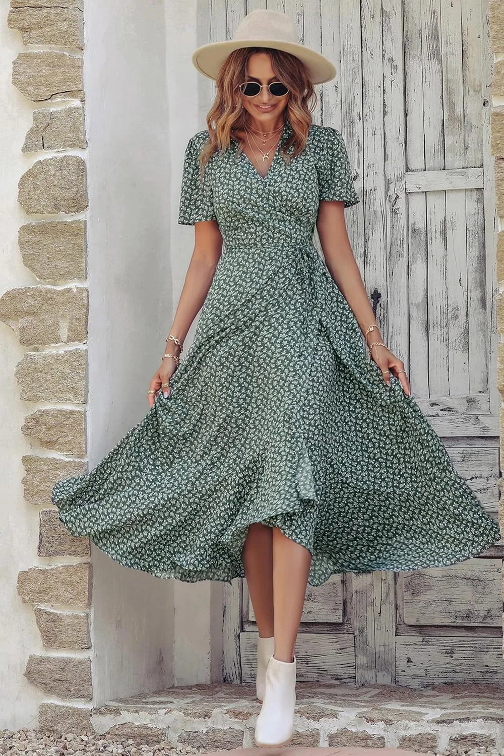 PRETTYGARDEN Women's Summer Maxi Dress Casual Wrap Floral Boho Short Sleeve V Neck Split Ruffle Beach Long Dresses