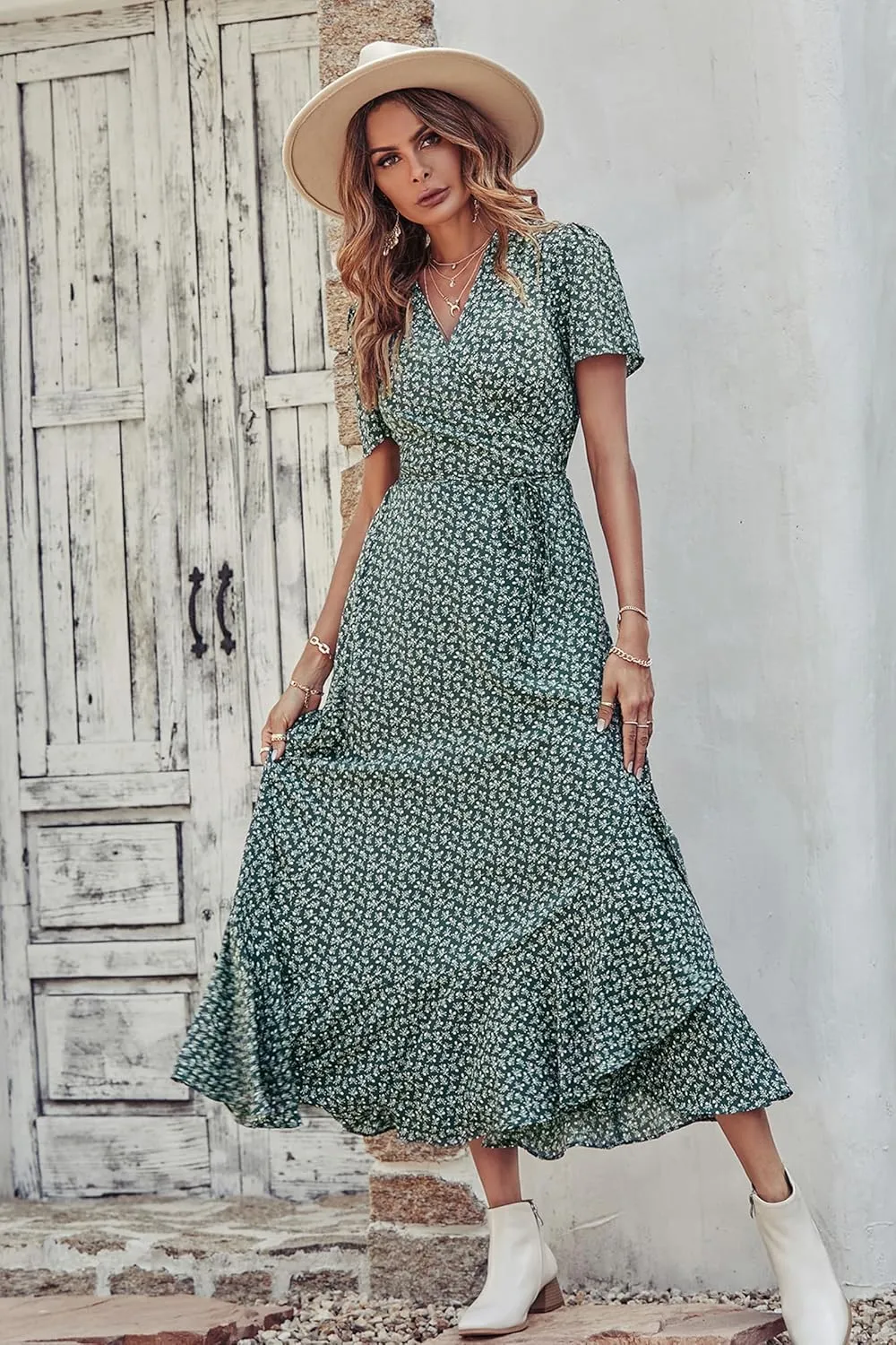 PRETTYGARDEN Women's Summer Maxi Dress Casual Wrap Floral Boho Short Sleeve V Neck Split Ruffle Beach Long Dresses