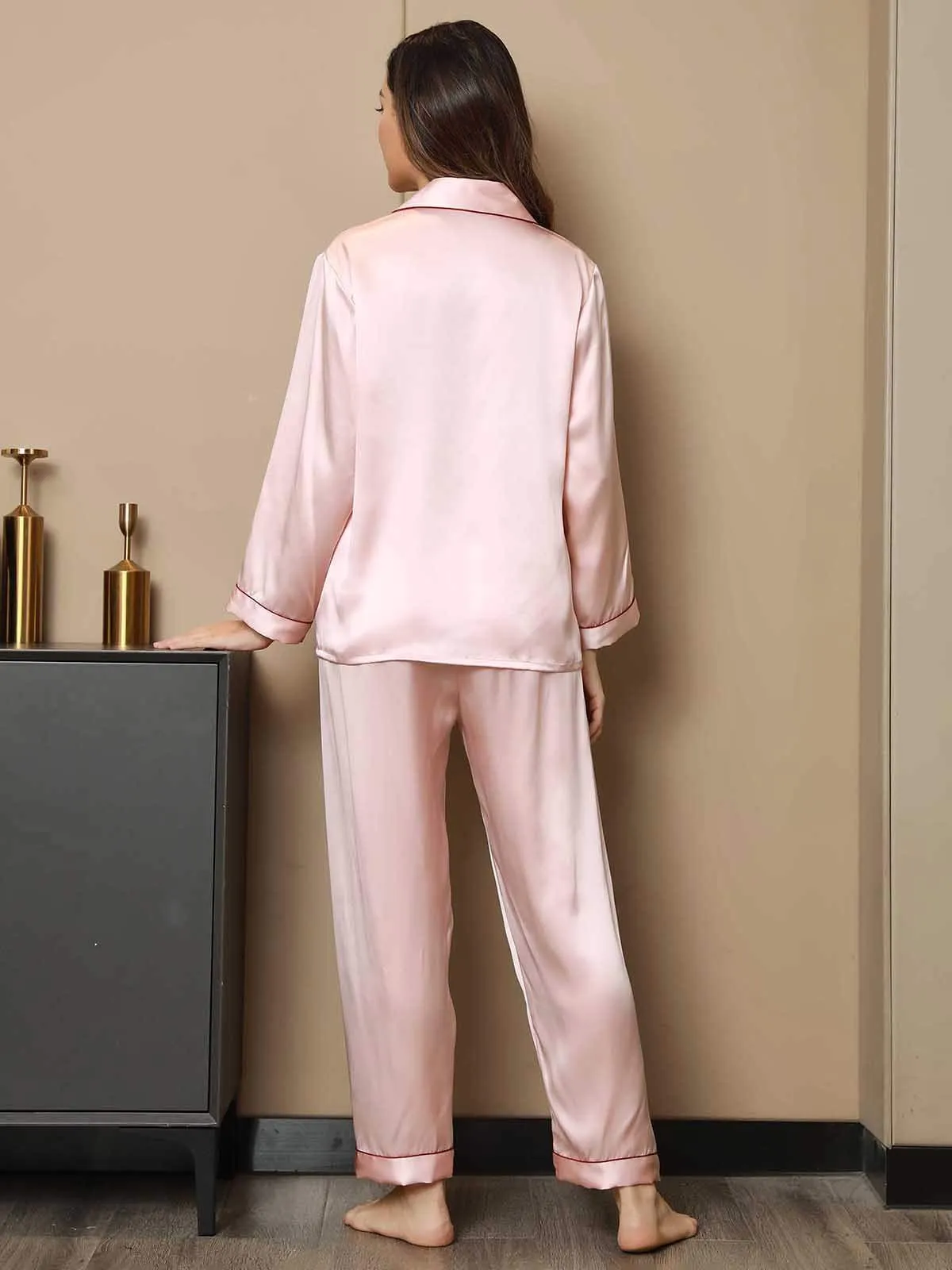 Pure Silk Binding Trim Classic Pajamas Set 2Pcs