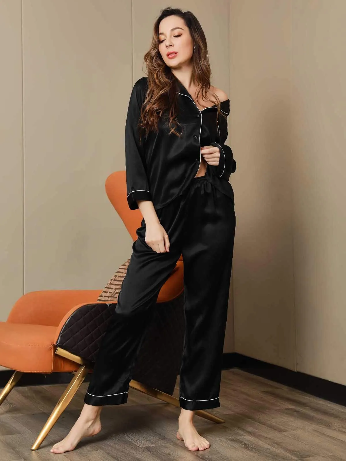 Pure Silk Binding Trim Classic Pajamas Set 2Pcs
